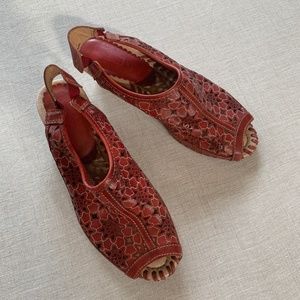 Pikolinos Red Floral Laser Cut Leather Heels - 37